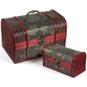 Wooden Treasure Chest Set - 2 Nesting Boxes, Vintage Treasure Chest Boxes, Pirate Keepsakes Box, Brown Floral - Decorative Storage & Jewelry Box with Hinged Lid for Jewelry Pearl Trinkets