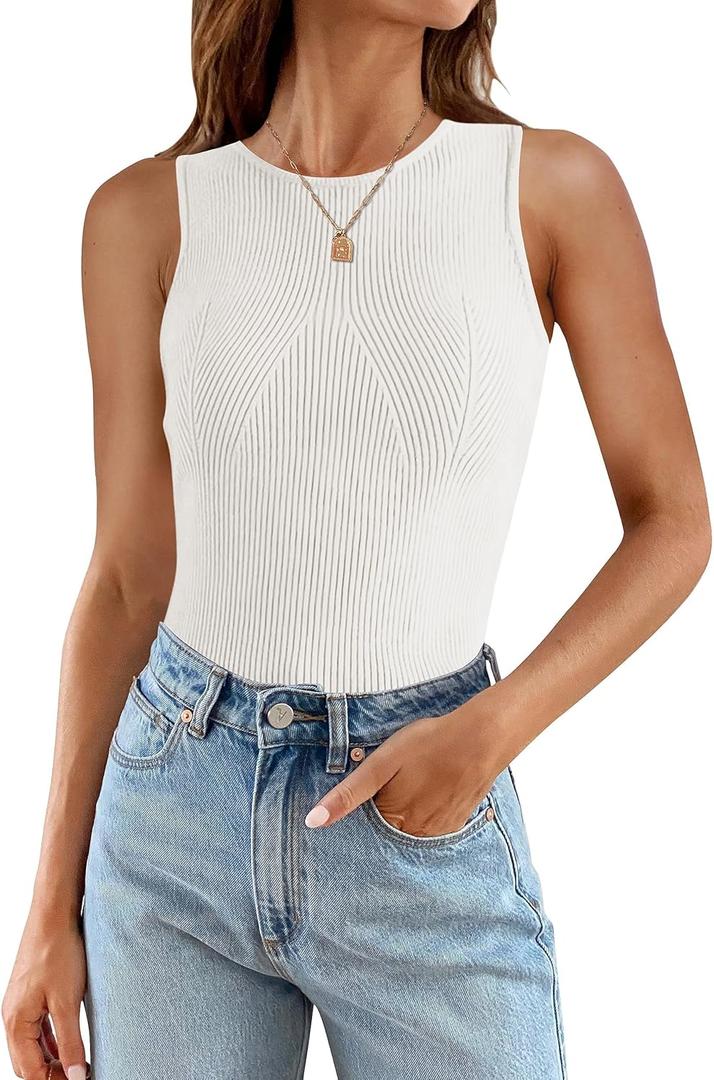 ZESICA Womens 2025 Ribbed Tank Tops Summer Sleeveless High Neck Casual Slim Fitted Basic Knit Shirts (Medium, White)