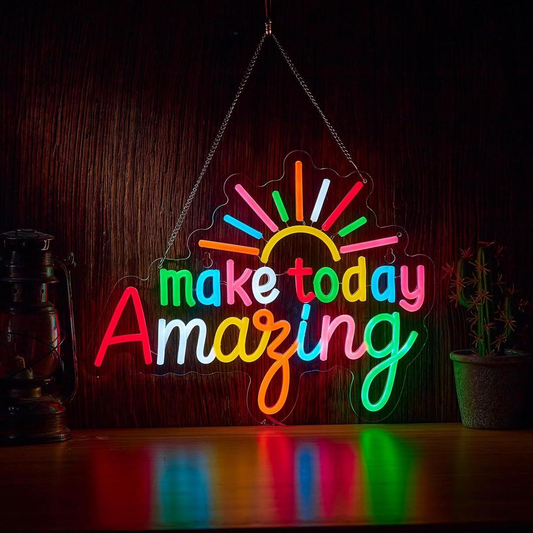 Make Today Amazing Neon Sign for Classroom Wall Decor Dimmable Positive and Upward Quote LED Neon Light USB Powered Rainbow Color Light Up Sign for Wedding Cafe Party Birthday School (Green+White+Red+Pink+Blue+Yellow+Orange)