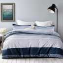 SLEEPBELLA Comforter Queen Size, 600 Thread Count Cotton White and Navy Striped Patchwork Reversible Pattern Reversible Blue Comforter Set, Down Alternative Bedding Set 3Pcs (Queen, Blue Patchwork)