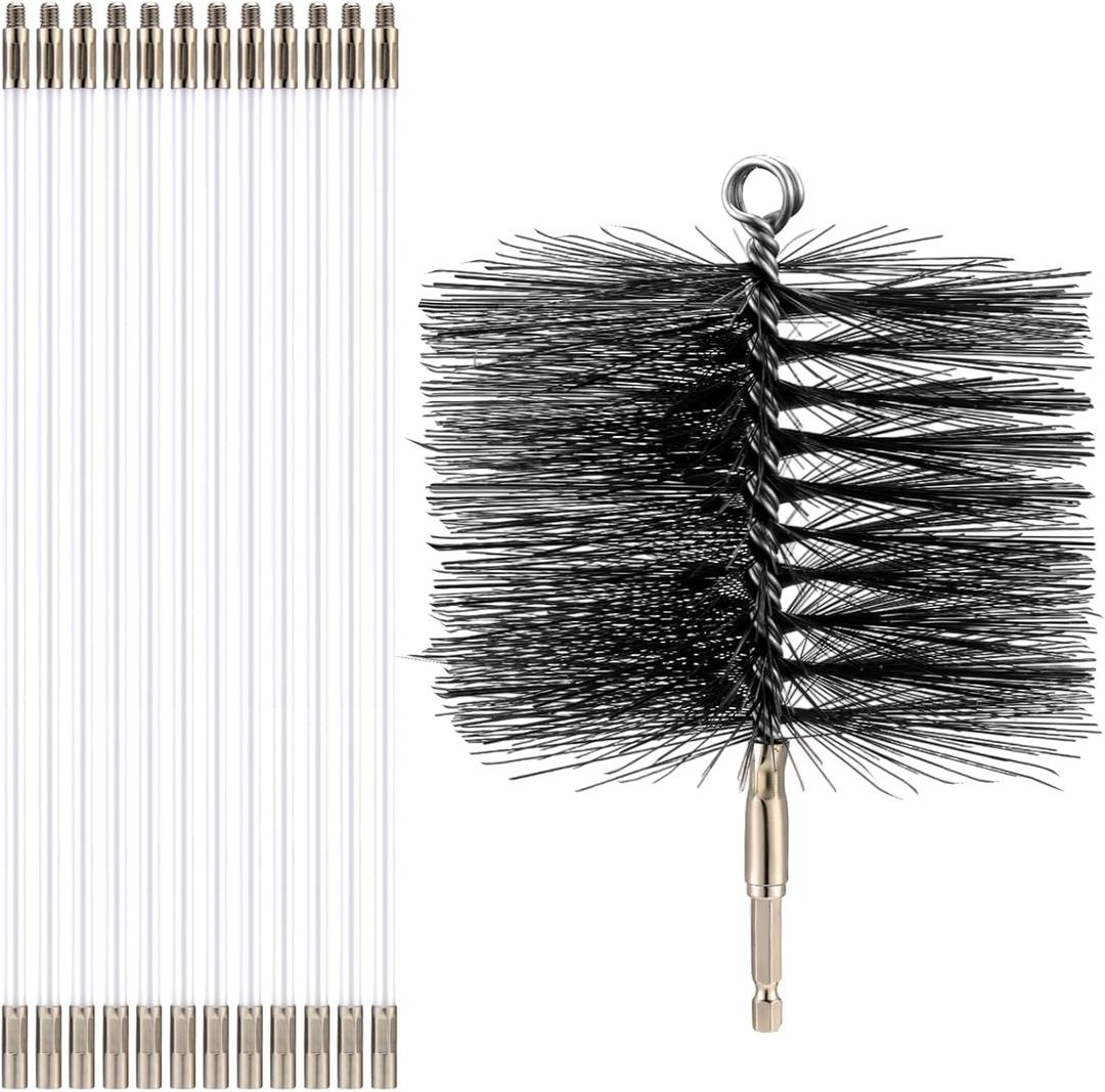 Wire Chimney Cleaning Brush with 1/4 Npt Fitting and 12 Rods, 6 Inch Round Steel Chimney Cleaning Brush and 16 Inch Fiberglass Rods for Hearth Fireplace(All-in-one)