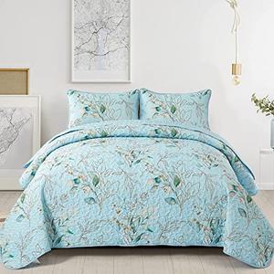 3 Pieces Floral Quilt Set Queen Size,Blue Leaf Queen Quilt Sets Soft Bedspread Queen Size Bedding Set for All-Season (96"x90")