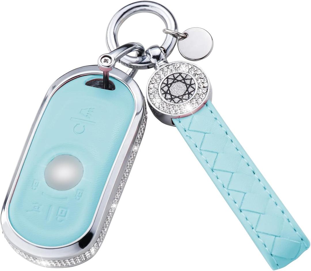 For Buick Key Fob Cover with Keychain, Blue Leather Rhinestone Key Case Protection Shell Compatible with Encore Enclave Lacrosse Envision Verano Regal GL8 Bling Car Accessories
