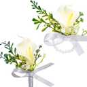 Formery Corsage Boutonniere Set White Calla Lily Corsages Wristlet Pearl Wrist Flower Accessories for Prom Wedding, White 
