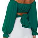 LYANER Women's Cute Off Shoulder Long Sleeve Self Tie Knot Crop Tube Top Blouse (Green, S)