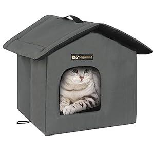Rest-Eazzzy Cat House for Outdoor Cats, Weatherproof and Insulated Feral Cat House with Mat and Canopy, Easy to Put Together, Selfwarming Cat Shelter For Winter(13 * 13 * 14" Black with Support)