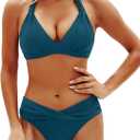 Yonique Women Two Piece Bathing Suits Push Up Bikini Set Halter Swimsuit Vintage Swimwear (Blue, XL)