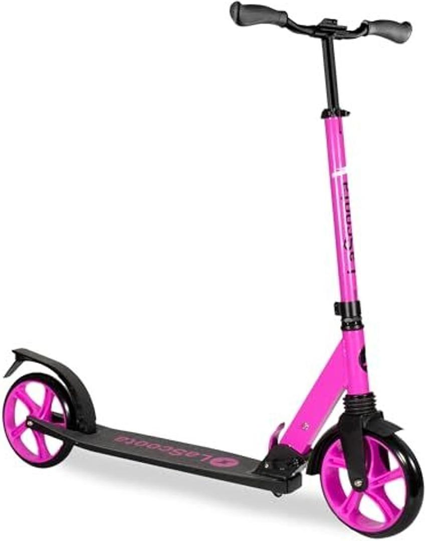 LaScoota Kick Scooter for Kids Ages 6+, Teens & Adults, Large 8" Sturdy Urethane Wheels. Adjustable Handlebar, Lightweight, Foldable, 220lbs Max Load (Purple)