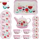 Pink Tea Set for Little Girls,Flower Design Tea Party Set,Princess Tea Time Toys Teapot Dishes Kitchen Pretend Play Tin Tea Party Set for Girls
