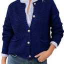 Saodimallsu Women's Chunky Knit Cardigan Button Down Crewneck Long Sleeve Cropped Sweater with Pockets (S)