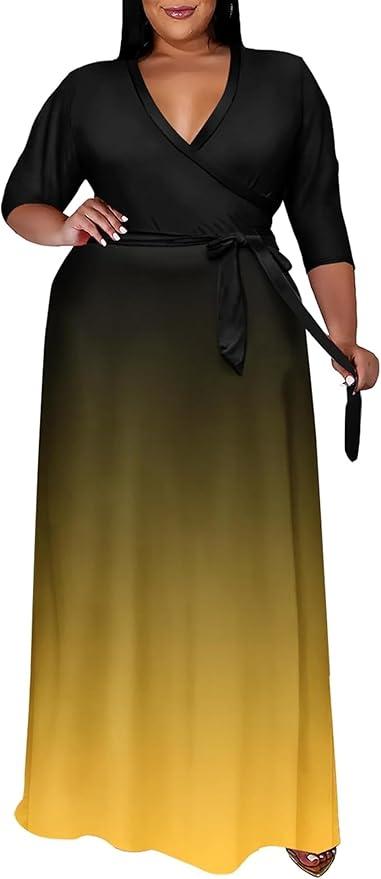 Runwind Plus Size Dresses for Women Gradient Maxi Dress Flowy 3/4 Sleeve with Belt 3 XL