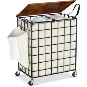 Laundry Basket with Wheels, Heavy Duty Laundry Sorter 2 Sections, 120L (32Gal.) Large Capacity Laundry Hamper with Wood Lid, 360 Rolling Wheels, Extra Side Pocket, Leather Pull Handle, Beige