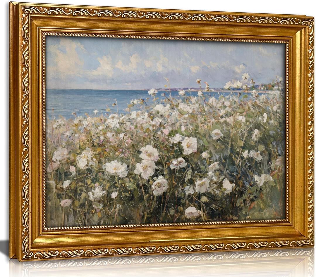 Vintage Golden Framed Wall Art Coastal Wildflower Canvas-Beach Floral Landscape Canvas Decor for Farmhouse Cottage Bedroom Living Room Bathroom | Serene Oceanfront Flower Print 16x24in