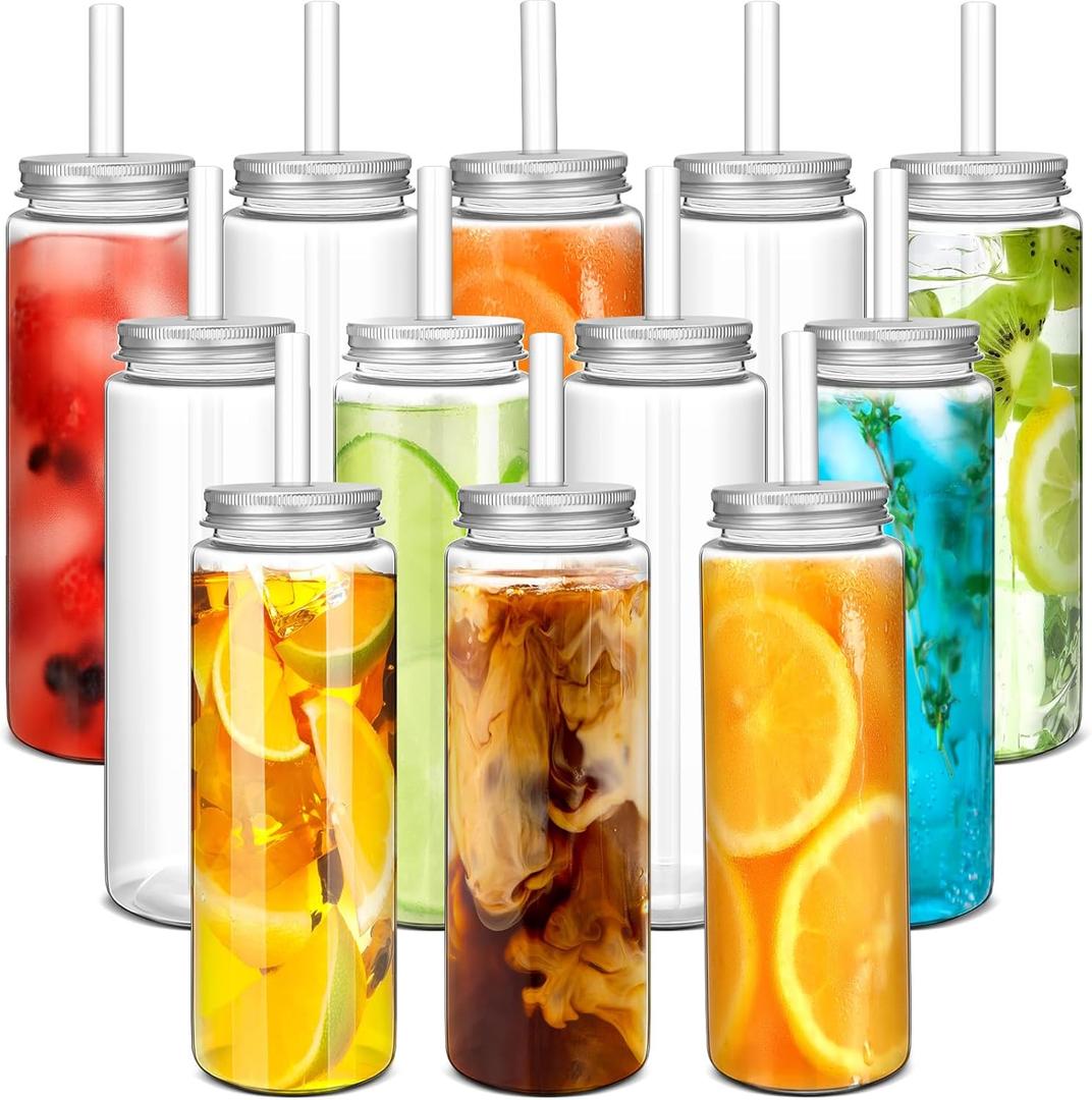12 Pack 17oz Plastic Juice Bottles - Reusable Drinking Jars with Straw and Lids for Drinking, Juicing, Smoothies, Beverage, Kombucha, Tea