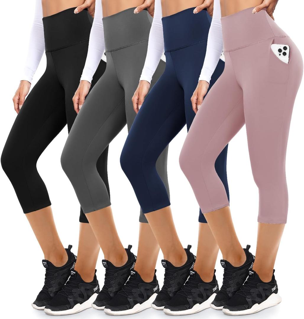 FULLSOFT 4 Pack Leggings with Pockets for Women,Soft High Waisted Tummy Control Workout Yoga Pants (Small-Medium, 03-capri-black+dark Grey+navy Blue+rosy)