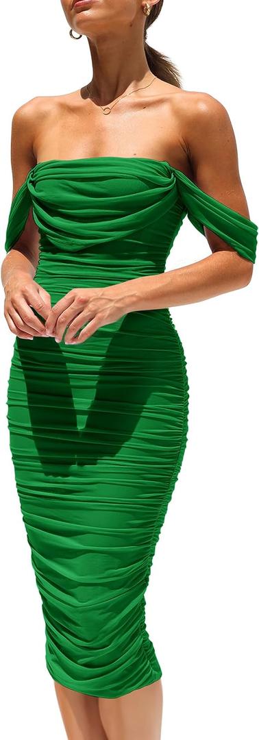 PRETTYGARDEN Women's Off Shoulder Bodycon Tube Midi Dress, Green, L
