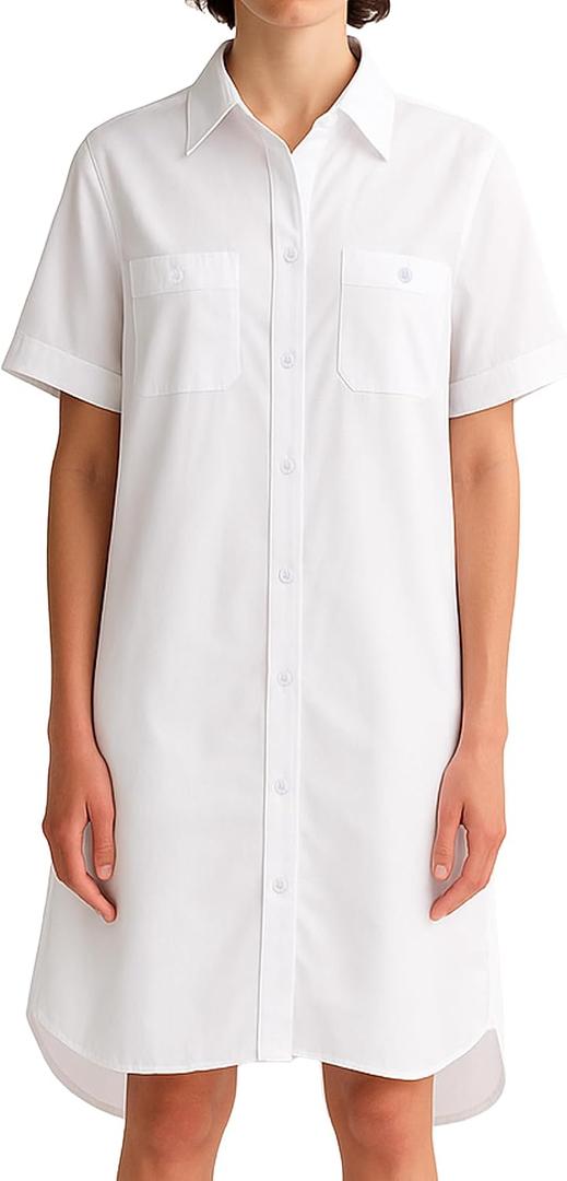 SUNNOW Women's Casual Shirt Dress Collared V Neck Button Down Loose Short Sleeve Midi Dresses (White, M)