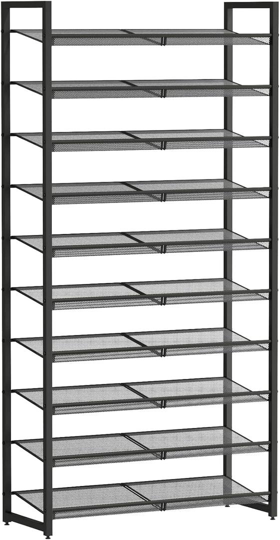 Shoe Rack, 10-Tier Metal Shoe Organizer, Tall Shoe Rack for Closet,entryway,Garage, with Adjustable Flat or Angled Shelves, 42-50 Pairs,Shoes That can accommodate The Whole Family. (Black)