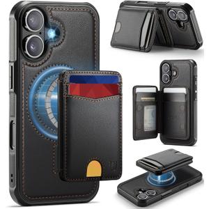 for iPhone 16 Plus Wallet Case Compatible with Magsafe, Magnetic RFID Blocking Card Holder Kickstand 2 in 1 Detachable Case for iPhone 16 Plus 6.7", Black