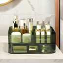 Makeup Organizer for Vanity, Large Desk Organizer with Stackable Drawer for Cosmetics, Skincare, Lipsticks, Eyeshadow Palette, Nail Care, Ideal Storage for Dresser and Bathroom Countertop-Green (1 Tray + 1 Drawer, Vintage Green)