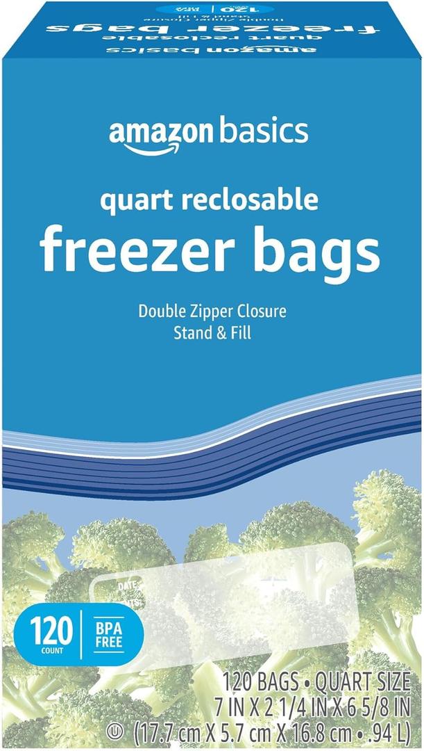 Amazon Basics Reclosable Freezer Quart Food Storage Bags with Zipper Seal, BPA Free, Stand and Fill, Airtight, 120 Count (Previously Solimo)