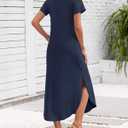 MISFAY Women's Summer Casual Maxi Dress 2025 Short Sleeves V Neck Loose Sundress Split Long Beach T Shirt Dress Vacation Outfits(Navy,2XL) (Blue, XXL)