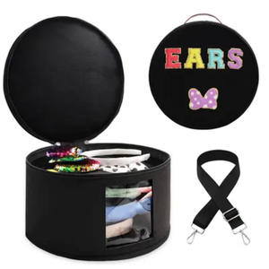 Heaband Holder Organizer, Large Round Tiara Tote Storage Box, Headband Ears Display Storage Box with Shoulder Straps for Hairband, Tiara and Hair Accessories Storage Travel Picnic Park (Black)