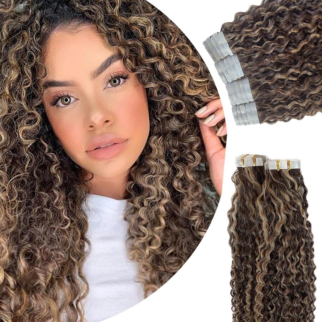 Tape in Hair Extensions 20 Pieces 50g 22 Inch Jerry Curly Human Hair Brown to Caramel Blonde Highlights Double Sided Tape ins