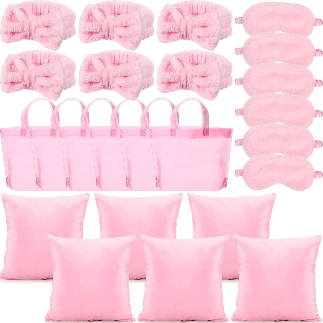 24 Pieces Spa Sleepover Party Supplies for Girls 6 Pink Spa Headband 6 Plush Sleep Eye Mask 6 Pink 18'' x 18'' Velvet Throw Pillow Covers 6 Tote Bags for Slumber Sleepover Party Favor Gift