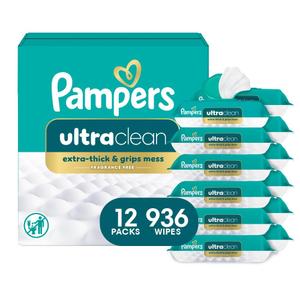 Pampers Ultra Clean Baby Wipes (Previously 'Free & Gentle'), 99% Water, Hypoallergenic, Unscented, 100% Plant Based, Plastic-Free, 936 Baby Wipes Total (12X Flip-Top Packs)
