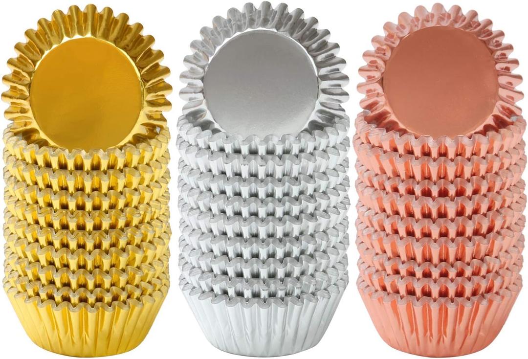 Elcoho 600 Pieces 1.25 Inch Mini Foil Metallic Cupcake Liners Muffin Paper Cases Baking Cups, Gold, Silver and Rose Gold