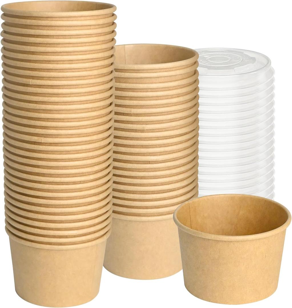 ESSENTIAL Paper Ice Cream Cups with Lids, 50pcs 8oz Disposable Dessert Bowls with Lids for Hot or Cold Food, Paper Snack Containers for Sundae, Frozen Yogurt, Soup (Brown)