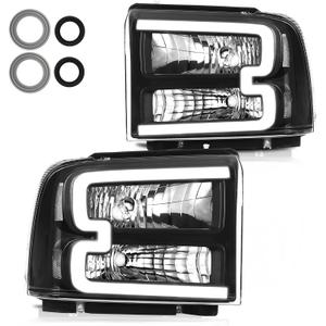 Halogen Headlight Assembly Led Day Running Light Compatible with 2005-2007 2005 2006 2007 05 06 07 Ford F250 F350 F450 F550 Super Duty/05 Ford Excursion (Black Housing Clear Reflector)