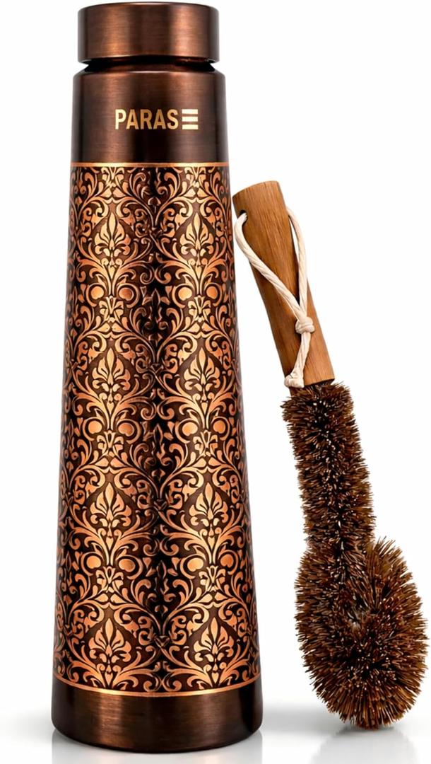 100% Pure Copper Water Bottle 30 oz  Handcrafted Ayurvedic Drinkware | Leak Proof BPA Free | No Liner No Coating | Antique Finish | Solid Real Copper Bottle for Drinking Water & Gym Travel Yoga