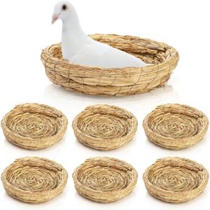 6 Packs Woven Straw Bird Nests, 8" Handmade Flat Base Spawning Nest, Small Animal Breeding Bed Hatch House Cage Accessories for Dove Pigeon Parrot Cuckoo Sparrow Rabbits Chinchillas Hamster