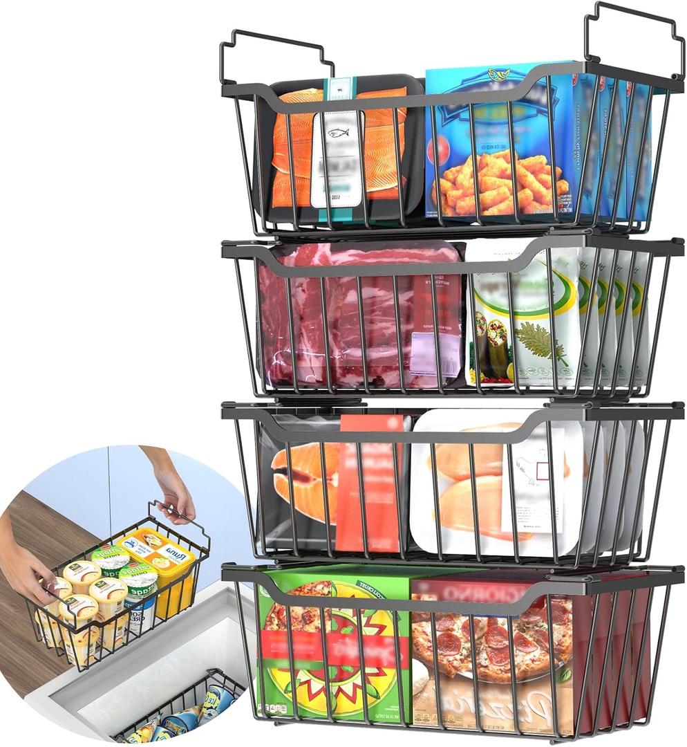 Goovilla Freezer Organizer Bins with Foldable Handle, 4 Pack Stackable Freezer Baskets for 3.5-7 Cu.FT Deep Chest Freezer Organization, Coated Metal Freezer Storage Bins with Better Space Utilization, Black