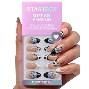 BTArtbox Press On Nails Medium - 3D Flower Almond French Tip Press On Nails with Glue for Women, Opaque Soft Gel Glue On Nails in 15 Sizes - 30 Stick On Nails Kit, Bessie & Bestie