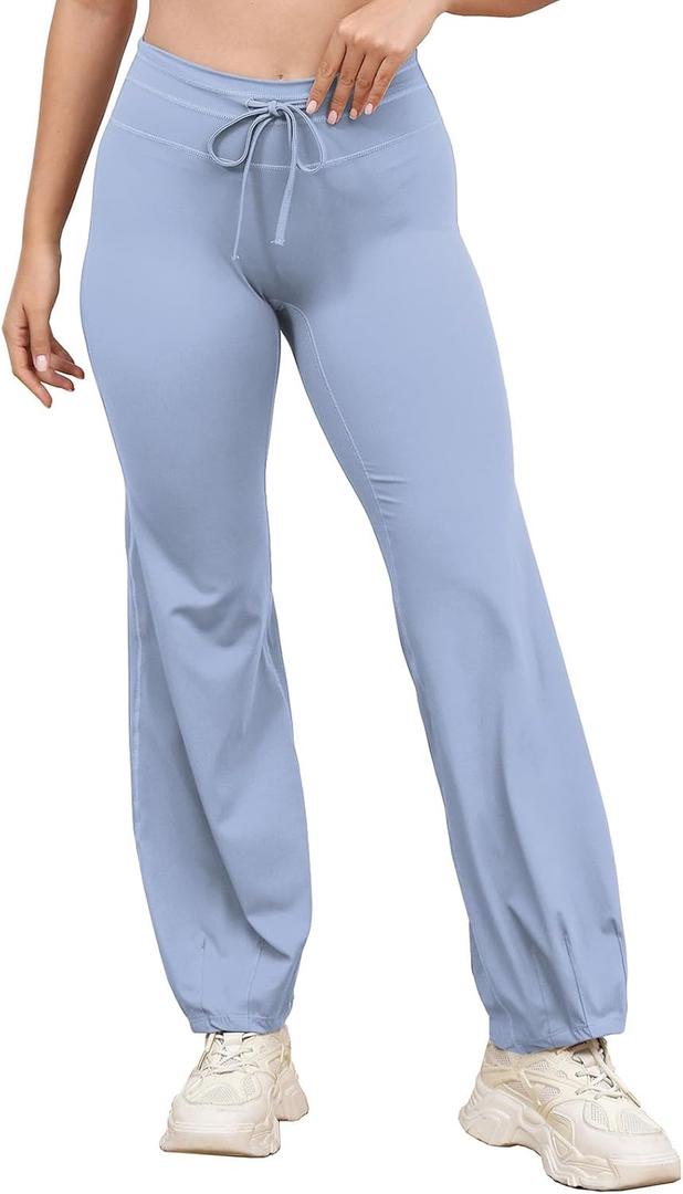 High Waisted Flare Yoga Leggings for Women Drawstring Bubble Hem Athletic Pants for Gym, Pilates,Barre,Casual Wear (Medium, Blue)