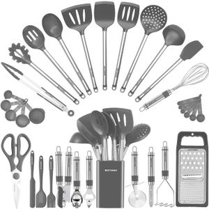 Kitchen Utensil Set-Silicone Cooking Utensils-33 Kitchen Gadgets & Spoons for Nonstick Cookware-Silicone and Stainless Steel Spatula Set-Best Kitchen Tools, Useful Pots (Grey) (Gray)