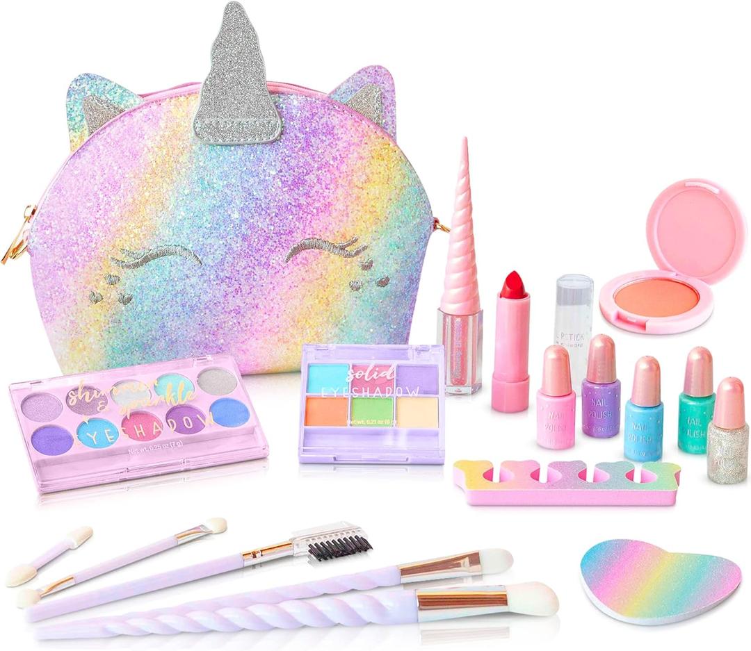 Kids Real Makeup Kit for Girls: No Talc, Washable Make Up Set with Unicorn Purse - Toy Gift for Little Girls & Toddlers Age 3 4 5 6 7 8 9 10 11 12 Years Old - Pretend Play Birthday Gifts
