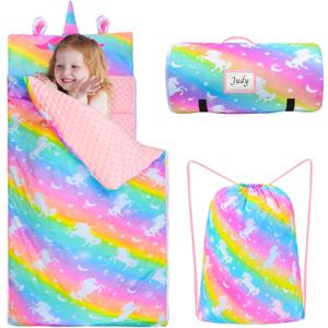 Nap Mat Unicorn Sleeping Bag with Reusable Pillow and Blanket Slumber Bag Daycare (Pink Rainbow Unicorn)