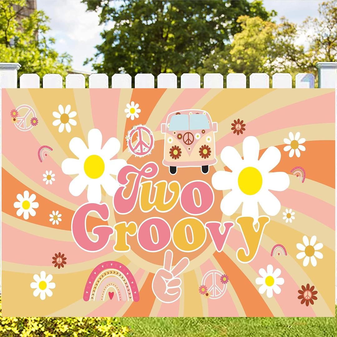 Two Groovy Backdrops Banner with 70.8x43.3 inch, Retro Hippie Boho Girl Party Decoration Banner, Photography Background for Hippie Theme Party Decorations