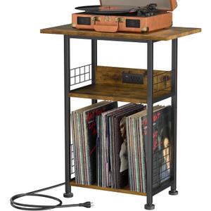 Large Record Player Stand 3-Tier Rustic Brown Vinyl Storage Table with Charging Station, Stylish Turntable Organizer for Living Room & Bedroom, Elegant Gift for Music Lovers & Vinyl Enthusiasts