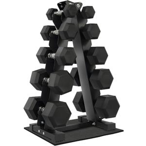 Rubber Coated Hex Dumbbell Weight Set and Storage Rack, 15, 10, 5lbs Pairs