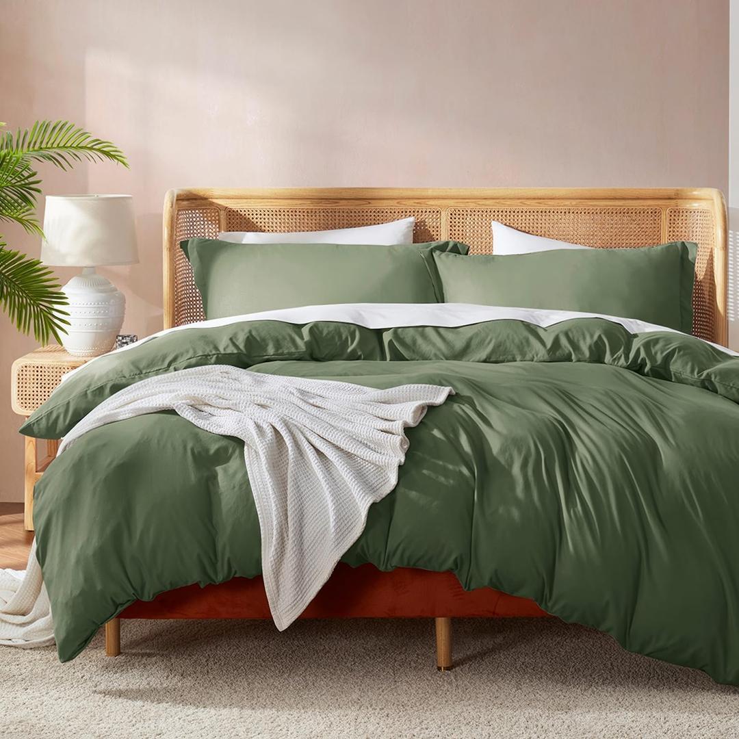 Nestl Olive Green Duvet Cover Queen Size - Soft Double Brushed Queen Duvet Cover Set, 3 Piece, with Button Closure, 1 Duvet Cover 90x90 inches and 2 Pillow Shams