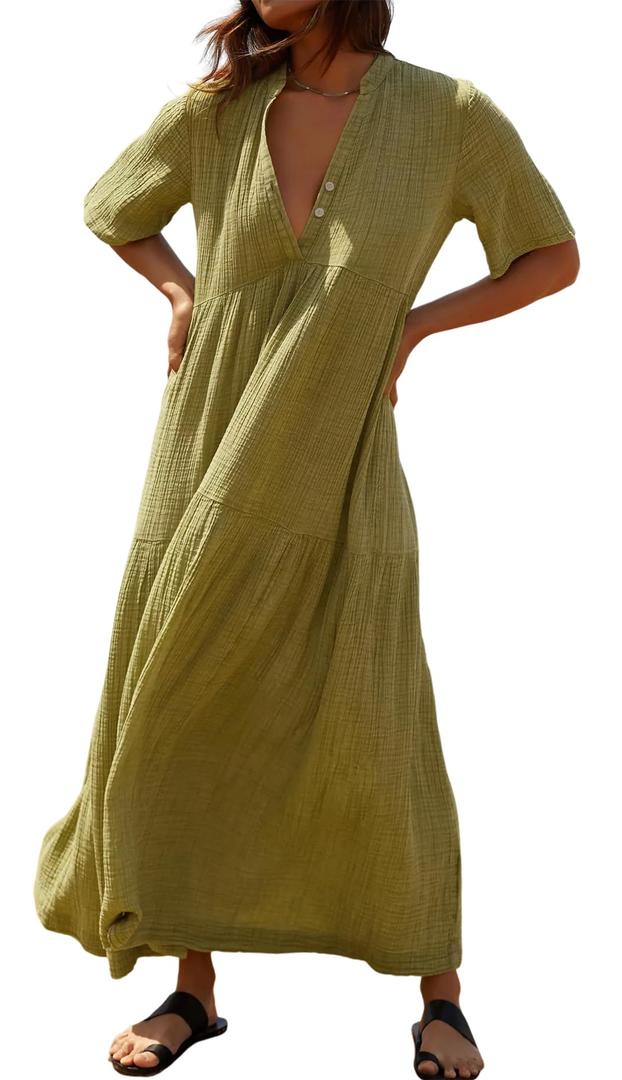 R.Vivimos Womens Summer Cotton Flowy Maxi Dress Short Sleeve V Neck Empire Waist Boho Tiered Ruffle Casual Loose Long Dresses