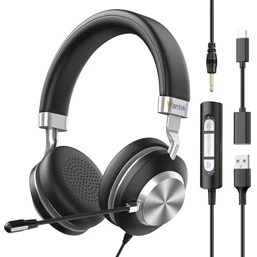 Wantek Headset wtih Mic, USB Headset with Microphone for PC, Computer Headset with Noise Canceling Microphone with Mute for Work Home Office Online Skype Zoom Meetings