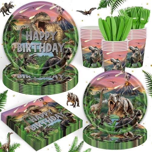 120PCS Dinosaur Party Birthday Supplies Paper Plates Napkins Green Dinosaur Theme Tableware Set for 20 Guests Birthday Party