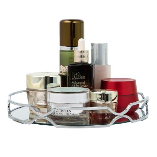 Mirror Glass Vanity Tray Round Cosmetic Decorative Tray for Kitchen Bathroom Living Room Desktop Home Storage for Christmas Valentine's Day Perfume Dresser Jewelry Trinket Organizer (Silver, 9.9 in)