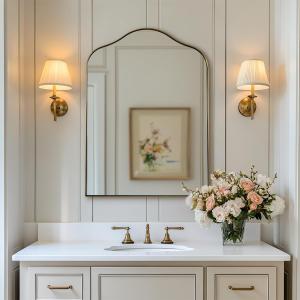 Brass Scalloped Arched Wall Mirror, 22x30 Brushed Gold Irregular Bathroom Mirror with Curved Design for Vanity, Powder Room, Fireplace, Mantel, Stainless Steel Frame, Rustproof
